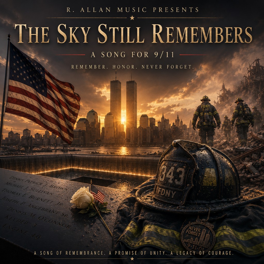 The Sky Still Remembers single cover art — the Manhattan skyline with the Twin Towers, an American flag, and an FDNY memorial helmet